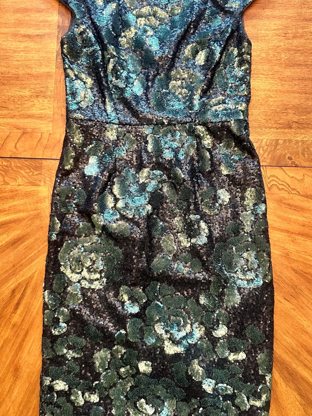 Vera Wang Black Sequin Sheath Dress with Green and Teal Floral Motif NWOT